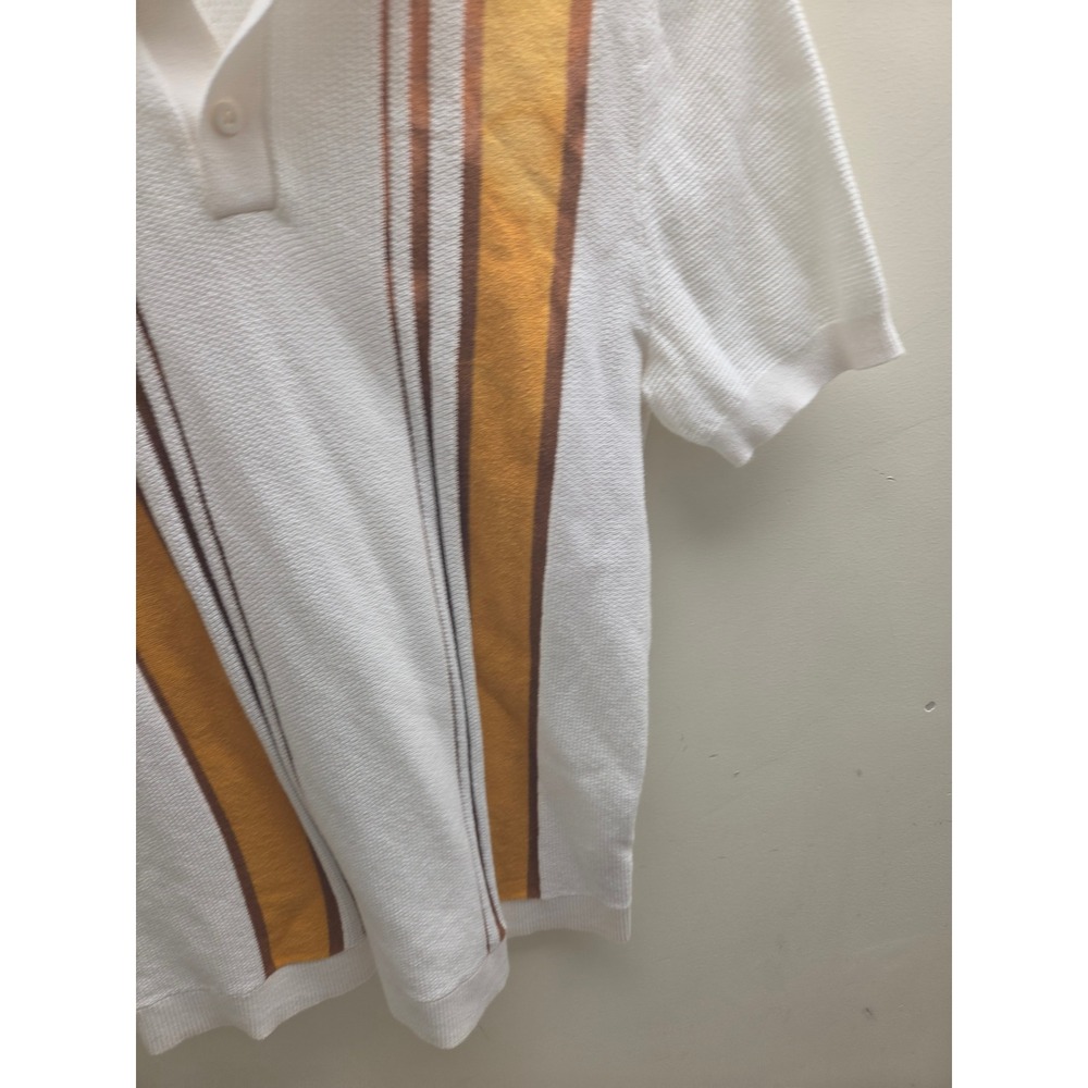 Topman Mens White Knit Polo Shirt Mustard Brown Vertical Stripe Retro Size M - Picture 5 of 8